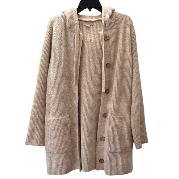 Barefoot Dreams Sweaters - Barefoot Dreams Sweater Cozychic Knit Hoodie Button Front Tan Cardigan Sz Large